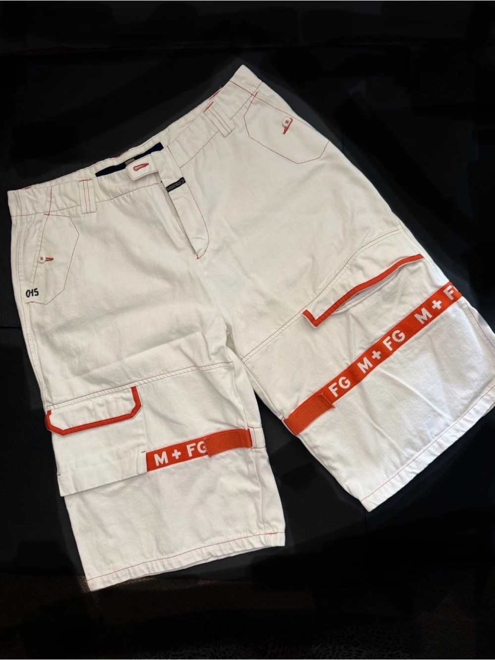 Y2K Marithe Francois Girbaud White Cargo Shorts with Orange Trim Mens Size 40